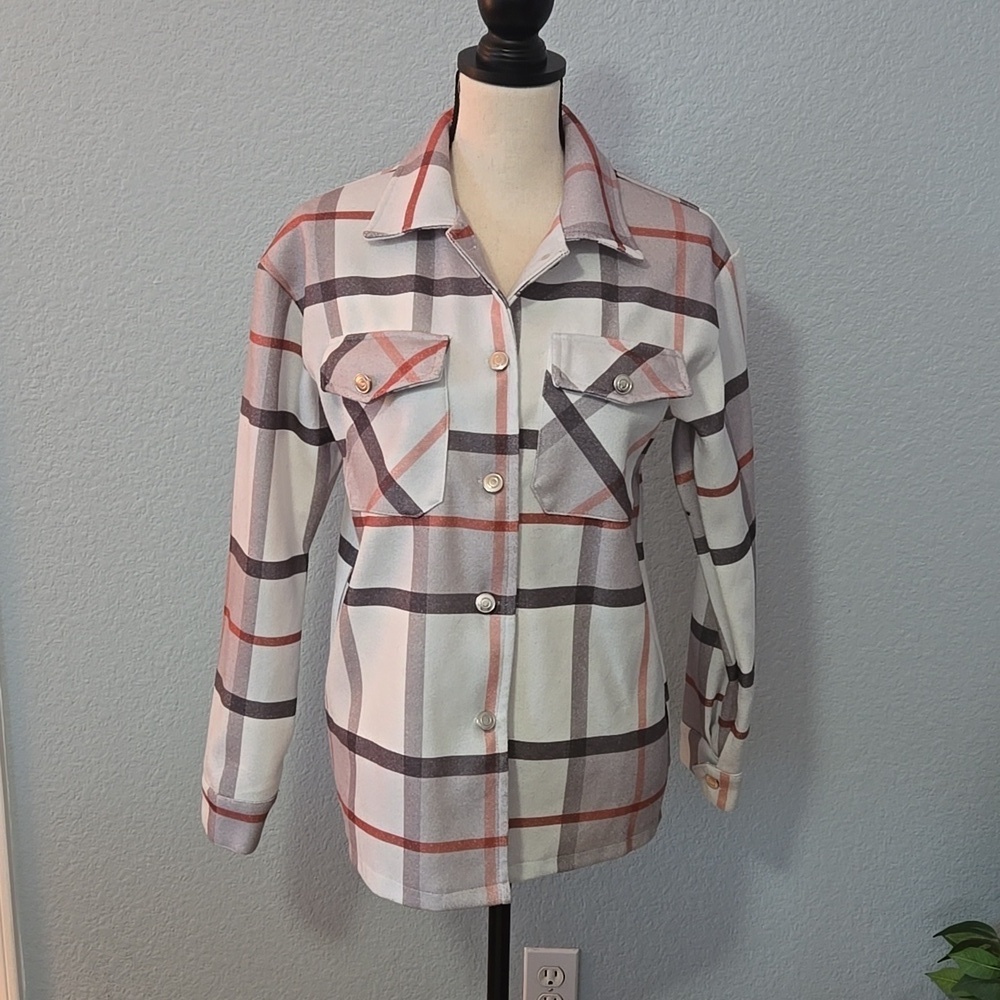 NASH GRAY Shirt Jacket Houndstooth Pattern Creme Brown Orange Sz Medium Boutique